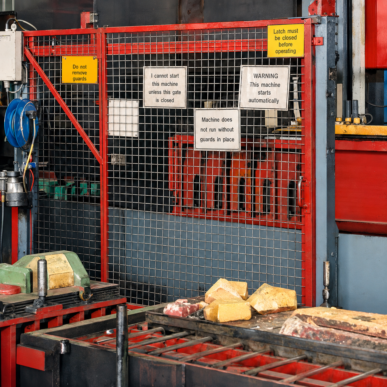 Rote Maschinenschutzeinhausung mit Gittergewebe